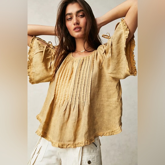 Free People Tops - Free People Lilia Pintuck Top Medium Mustard Blouse